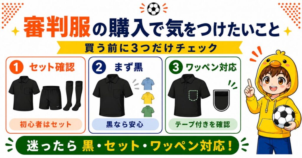 審判服を購入するときに気をつけたいポイントをまとめたアイキャッチ画像。上下セットの確認、黒を選ぶこと、ワッペン対応の有無を初心者向けにわかりやすく紹介。