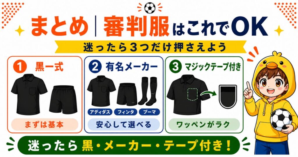 審判服選びのまとめを紹介したアイキャッチ画像。黒一式、有名メーカー、マジックテープ付きの3つを押さえれば初心者でも安心して選べることをわかりやすく解説。