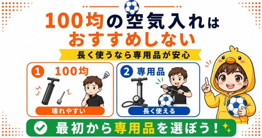 100均の空気入れはおすすめしない理由をまとめたアイキャッチ画像。壊れやすさと専用品の安心感を比較し、最初から専用の空気入れを選ぶ大切さをわかりやすく紹介。