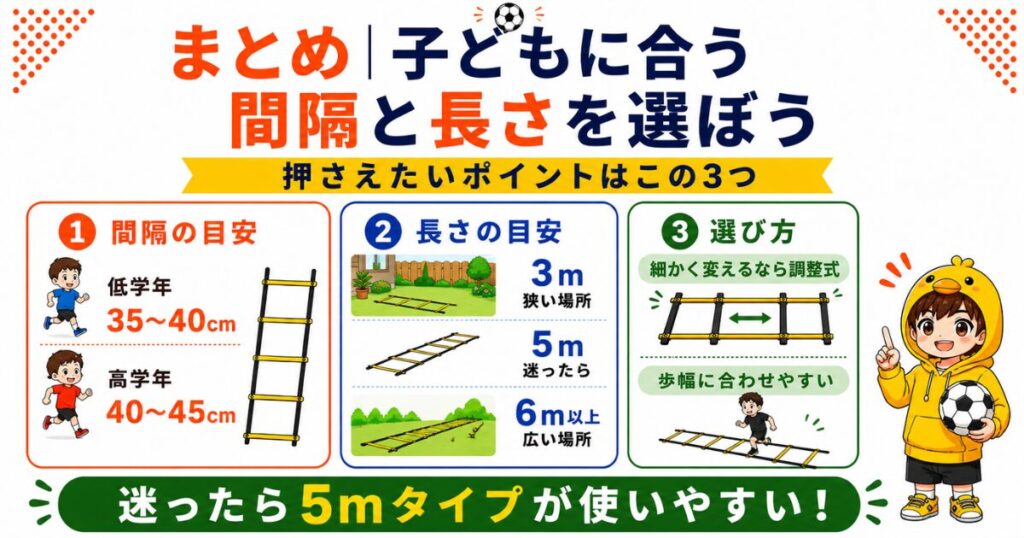 子ども用ラダーの間隔と長さの選び方をまとめた図解。低学年は35〜40cm、高学年は40〜45cmが目安で、長さは迷ったら5m、細かく調整したい場合は調整式がおすすめと紹介している。