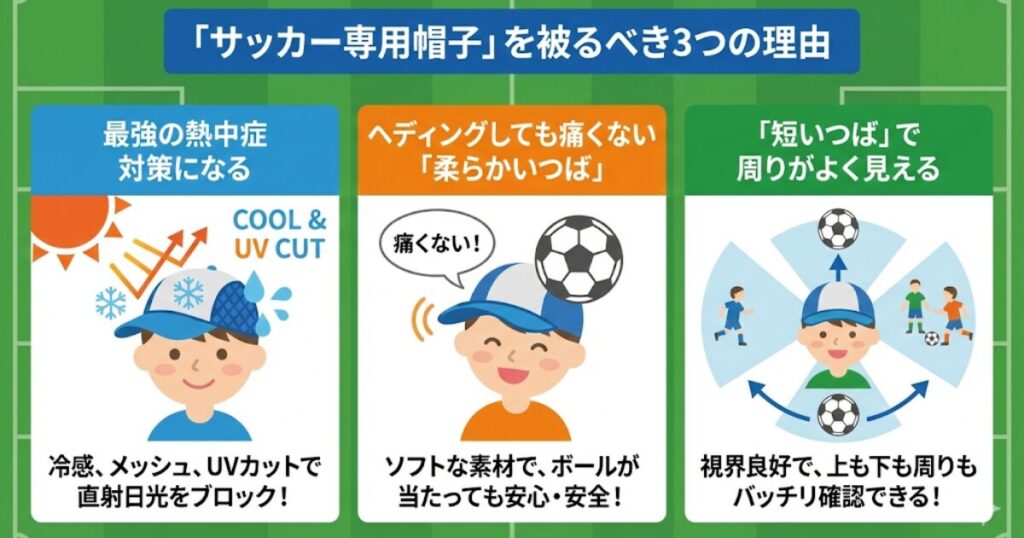 サッカー専用帽子の3つのメリット(熱中症対策、柔らかいつば、広い視界)の解説イラスト。