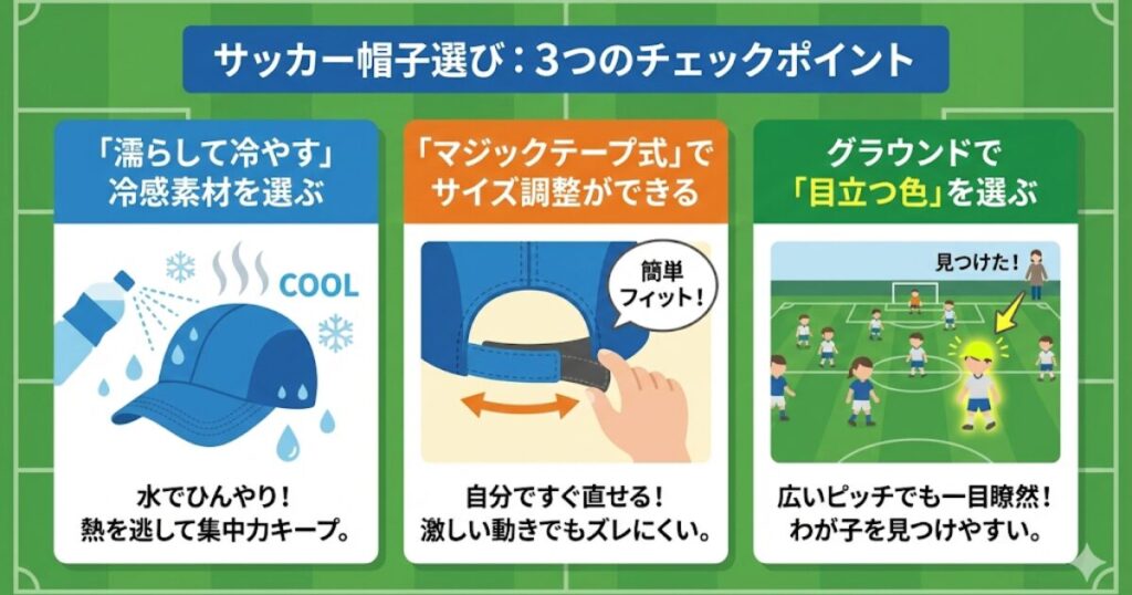 ジュニアサッカー帽子の選び方3つのコツ(冷感機能、マジックテープ調整、目立つ色)の解説図解。