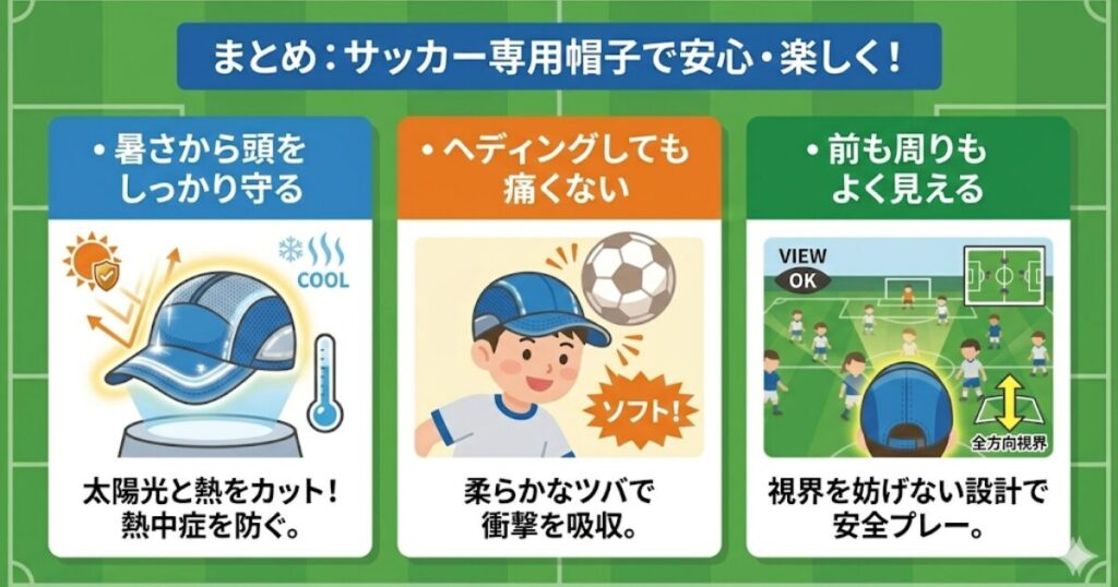 サッカー専用帽子のメリットをまとめたインフォグラフィック。1.暑さから頭を守る(熱中症対策)、2.ソフトなツバでヘディングしても痛くない、3.視界を妨げない設計で前も周りもよく見える、という3つの安心ポイントを解説。