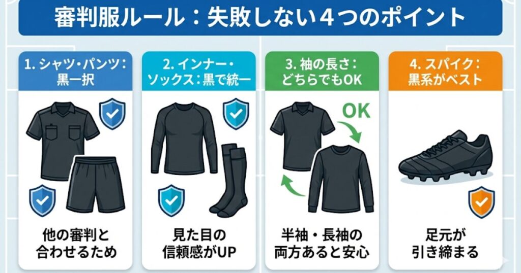 サッカー審判服の基本ルールと服装マナーの要約図解。黒シャツ・パンツの原則、インナー・ソックスの統一、袖の長さの選び方、黒系スパイクの推奨ポイントを解説。