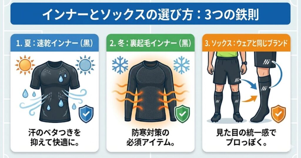 サッカー審判用インナーとソックスの選び方3つの鉄則を図解。「1. 夏は黒の速乾インナーで快適に」「2. 冬は黒の裏起毛インナーで防寒」「3. ソックスはウェアと同じブランドで統一感を出す」というポイントをイラスト付きで解説。