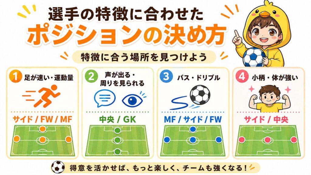 少年サッカーで選手の特徴に合わせたポジションの決め方をまとめた画像。足が速い子や運動量が多い子、声が出る子、パスやドリブルが得意な子、小柄な子や体が強い子に向いているポジションを初心者コーチ向けにわかりやすく解説している。