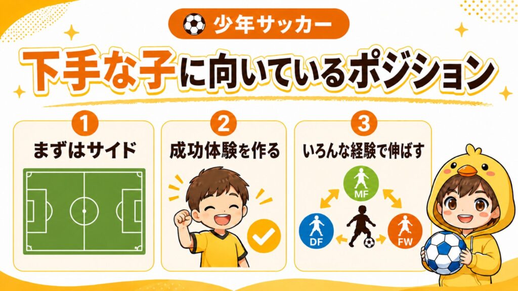 少年サッカーで下手な子に向いているポジションの考え方をまとめた画像。まずはサイドで経験を積ませること、成功体験を作ること、いろいろなポジション経験で成長につなげることを初心者コーチ向けに解説している。