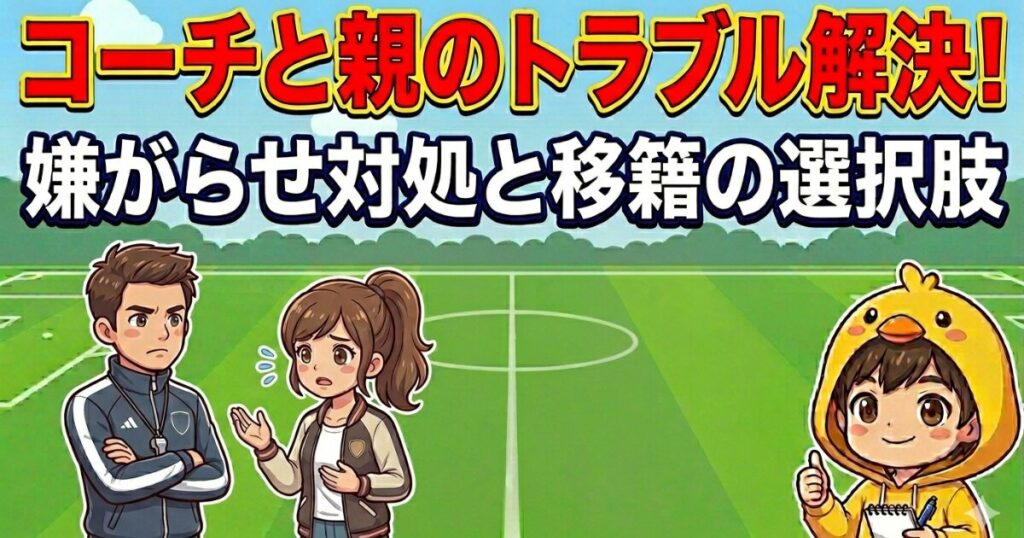 コーチと親のトラブル解決のアイキャッチ｜コーチと悩む保護者のイラスト