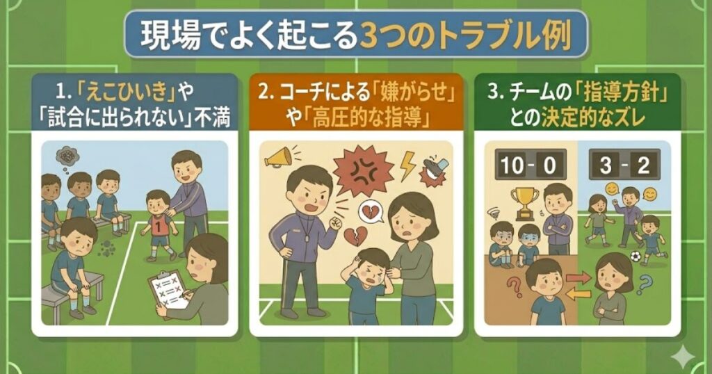 少年サッカーのチーム環境・トラブル判定図解。1:「えこひいき」や不公平な試合出場（ベンチで落ち込む子供と優遇される子供）、2:「嫌がらせ」や高圧的な指導（怒鳴るコーチと泣く子供を守る親）、3:指導方針の不一致（勝利優先 vs. 楽しむ優先、悩む親）。フラットイラスト。