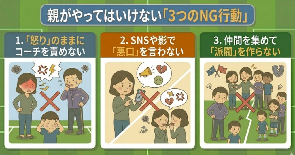 少年サッカーで親が避けるべき3つのNG行動。1：怒りでコーチを責める、2：SNSや影での悪口、3：派閥作り。禁止を表す×印とイラストを交えた図解。