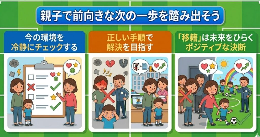 少年サッカーの親子向けトラブル解決を解説する3ステップのインフォグラフィック。環境チェック、正しい相談、ポジティブな移籍という前向きな決断を促す。タイトルは「親子で前向きな次の1歩を踏み出そう」。