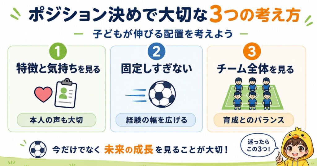 少年サッカーのポジション決めで大切な3つの考え方を解説した画像。選手の特徴と気持ちを見ること、固定しすぎないこと、チーム全体を見ることを初心者コーチ向けにわかりやすくまとめている。