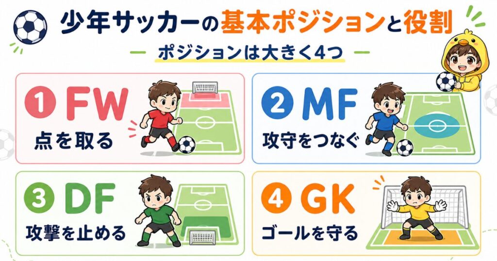 少年サッカーの基本ポジションと役割をわかりやすくまとめた画像。FWは点を取る、MFは攻守をつなぐ、DFは攻撃を止める、GKはゴールを守るという4つの役割を初心者コーチ向けに解説している。