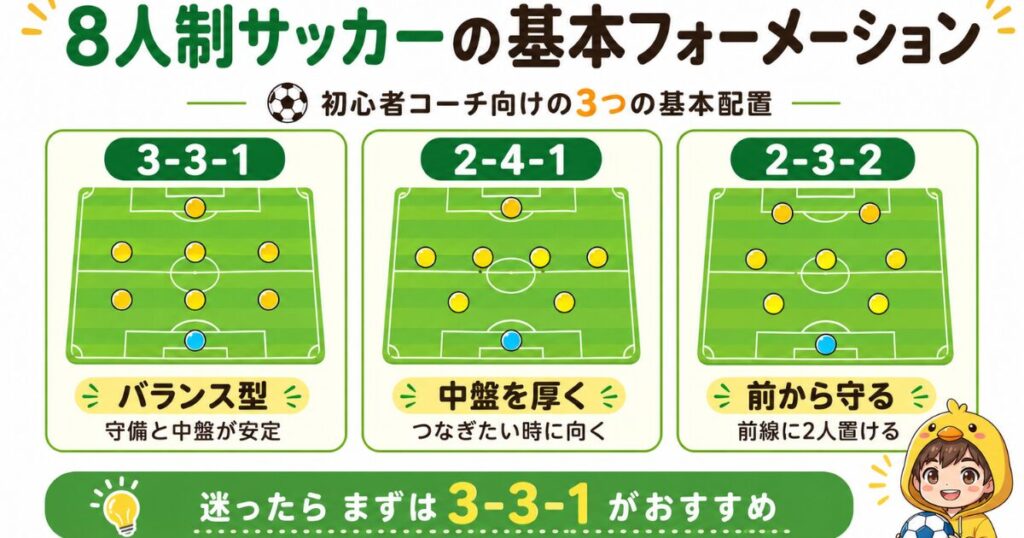 8人制サッカーの基本フォーメーションを初心者コーチ向けにまとめた画像。3-3-1、2-4-1、2-3-2の3つの基本配置と、それぞれの特徴をわかりやすく解説している。