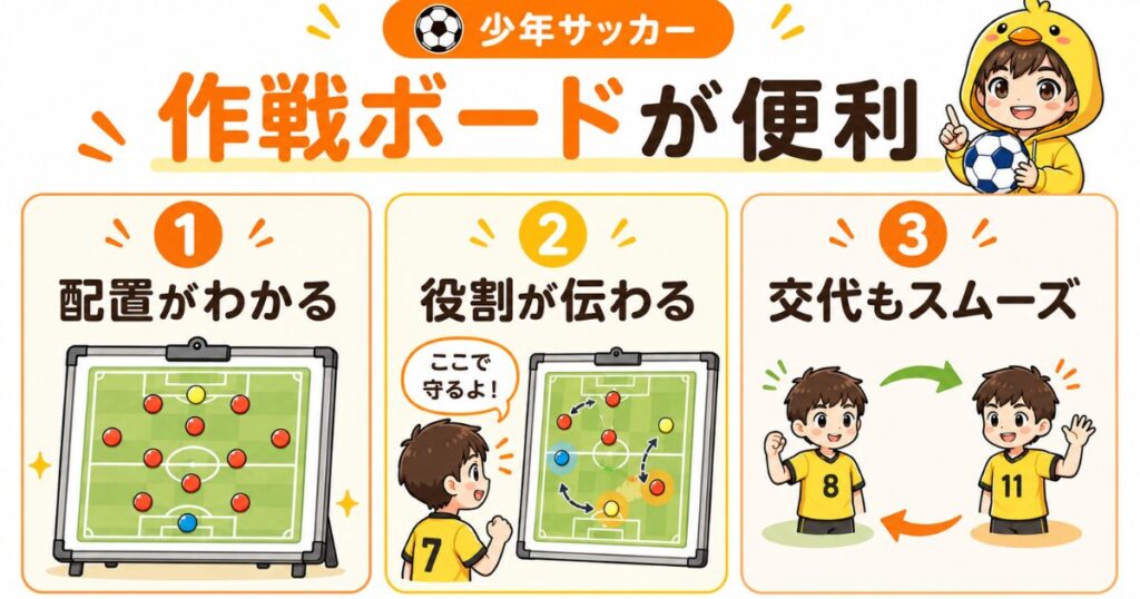 少年サッカーで作戦ボードが便利な理由をまとめた画像。選手の配置がわかること、役割を伝えやすいこと、交代や配置変更を整理しやすいことを初心者コーチ向けにわかりやすく紹介している。