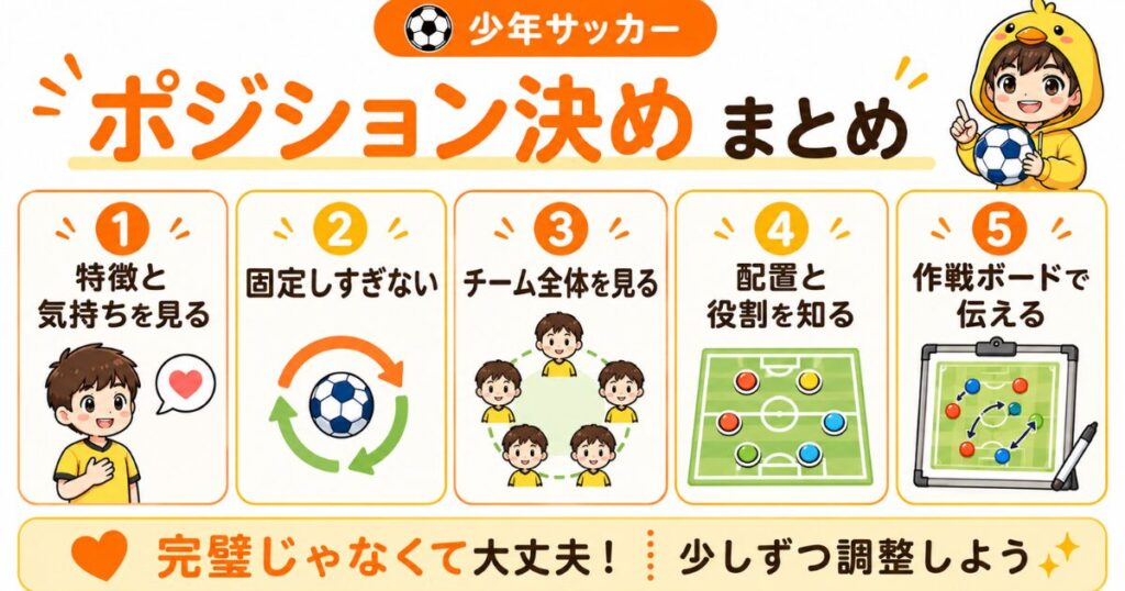 少年サッカーのポジション決め方のまとめをわかりやすく整理した画像。選手の特徴と気持ちを見ること、固定しすぎないこと、チーム全体を見ること、配置と役割を知ること、作戦ボードで伝えることを初心者コーチ向けに解説している。