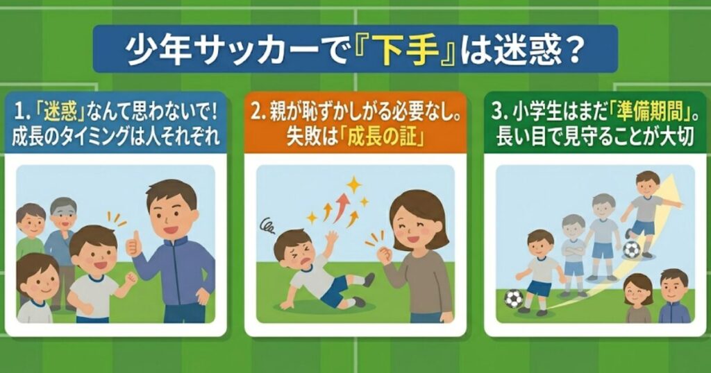 少年サッカーで「下手」は迷惑？という疑問に答える図解。成長のタイミングは人それぞれ、失敗は成長の証、長期的見守り、の3つのポイントを要約。保護者の不安を安心に変えるマインドセットを紹介。