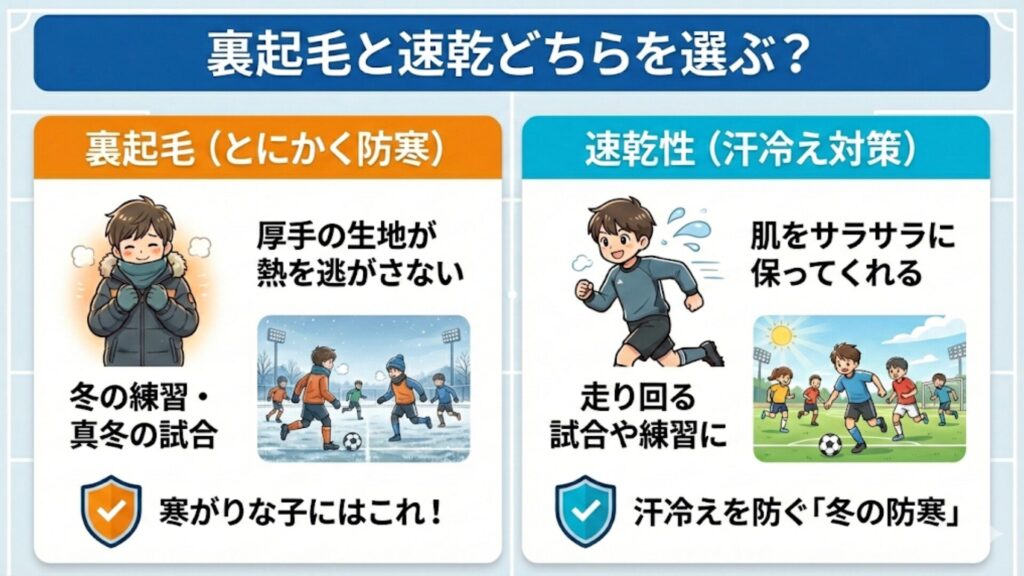 ジュニアサッカー用インナーの「裏起毛」と「速乾性」の使い分けをまとめた比較図解。10年の指導経験を持つコーチの視点で、厚手で暖かい裏起毛（真冬の試合・練習用）と、汗をサラサラに保ち汗冷えを防ぐ速乾タイプ（走り回る試合用）の特徴を解説。