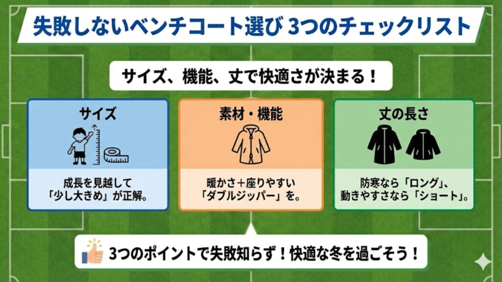 ジュニアサッカー用ベンチコート選びの3つのチェックリスト（サイズ・機能・丈）をまとめた図解