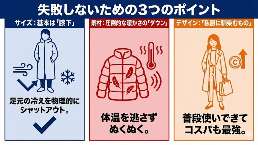 サッカーママ向けベンチコートの選び方「膝下丈・ダウン素材・おしゃれデザイン」の3つのポイントをまとめた図解
