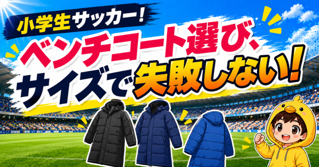 小学生サッカー向けのベンチコート選びでサイズに失敗しないように、冬の防寒に役立つポイントをわかりやすく紹介するアイキャッチ画像