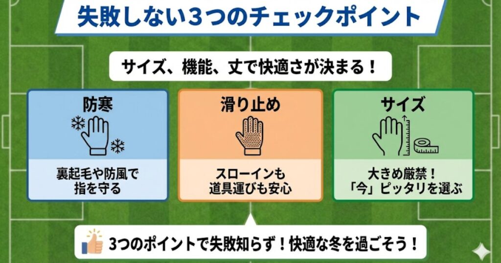 ジュニアサッカー手袋の選び方|失敗しない3つのチェックポイント(防寒・滑り止め・サイズ感)の図解