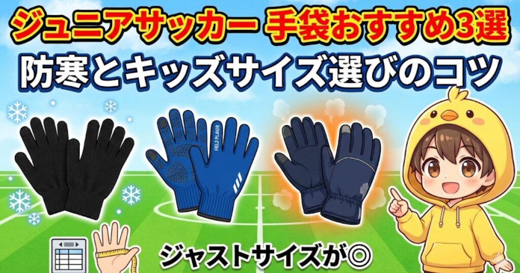 ブログ記事「ジュニアサッカー手袋おすすめ3選！防寒とキッズサイズ選びのコツ」のアイキャッチ画像。3種類のジュニア用サッカー手袋と、手のサイズを測るイラスト、そして「ジャストサイズが◎」と案内するヒヨコパーカーの男の子（ピヨリ）。