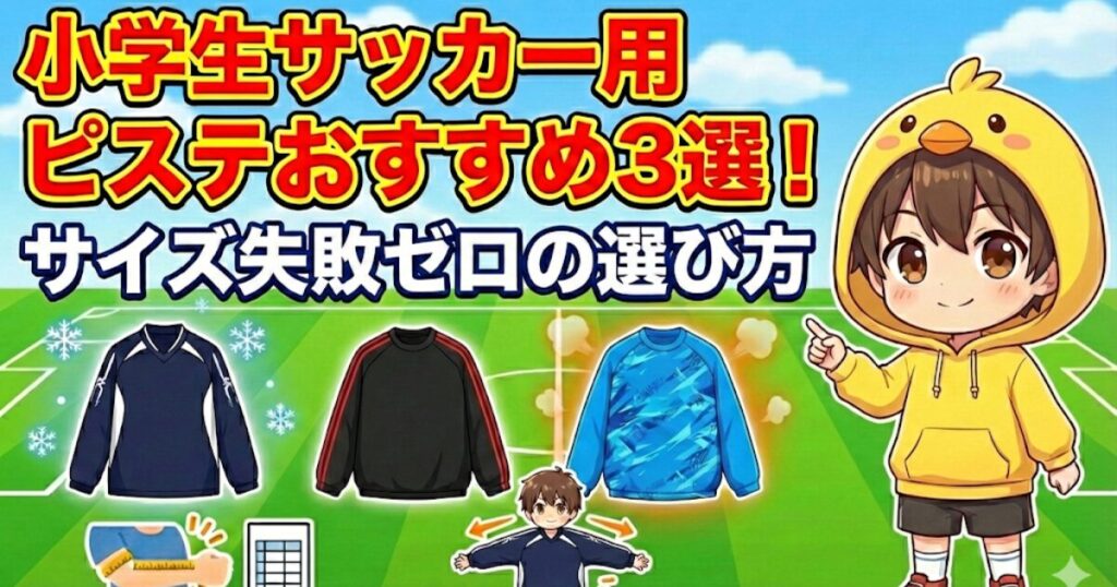 ブログ記事「小学生サッカー用 ピステおすすめ3選！サイズ失敗ゼロの選び方」のアイキャッチ画像。サッカーフィールドを背景に、3着のプルオーバータイプのピステ（紺、黒、青）のイラストが並ぶ。左下には腕のサイズを測るイラストとサイズ表、中央下部には少し大きめのピステを着て余裕を示す子供のイラストがあり、大きめサイズを推奨していることを視覚的に伝えている。右側には、黄色いひよこパーカーを着た男の子のキャラクター（ピヨリ）が指をさして案内している。