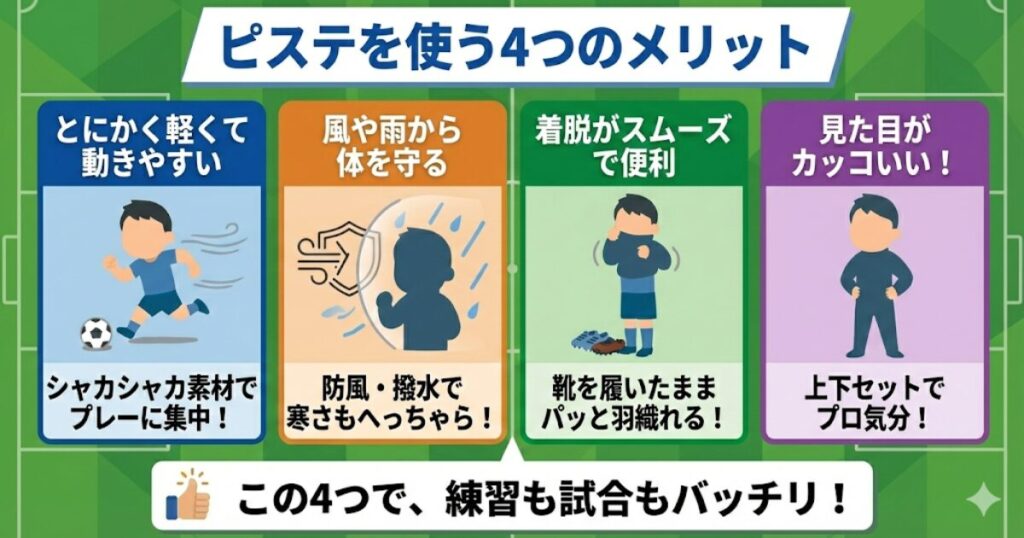 小学生サッカーでピステを使う4つのメリット（軽量・防風撥水・着脱のしやすさ・デザイン性）を解説した図解。