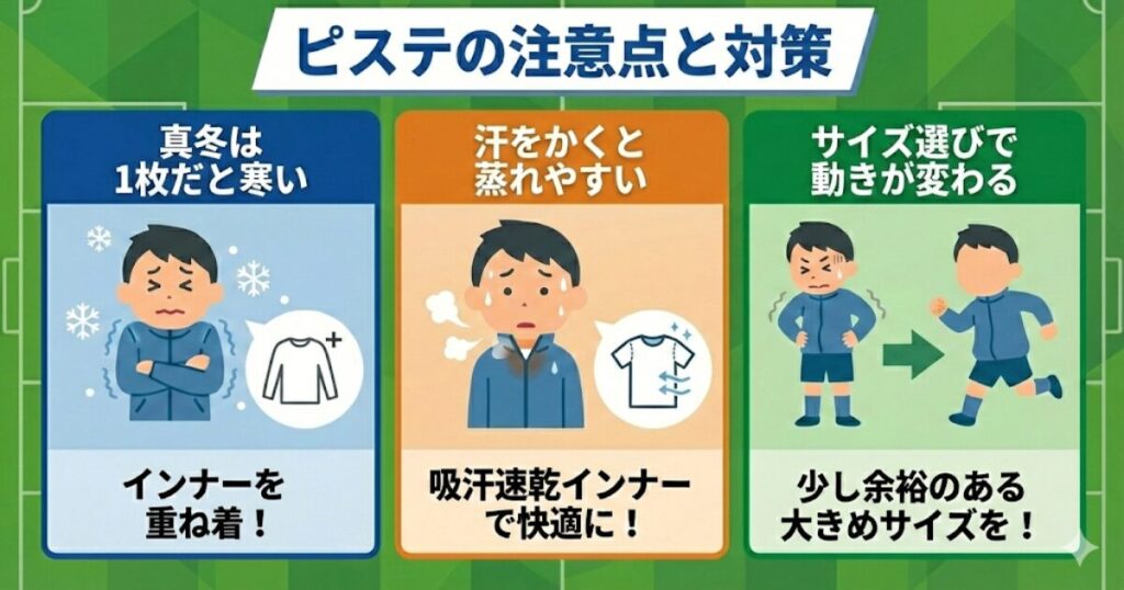 小学生サッカー用ピステの注意点と対策の図解。真冬の防寒対策（インナー重ね着）、蒸れ対策、動きやすさを重視したサイズ選びのコツを解説。