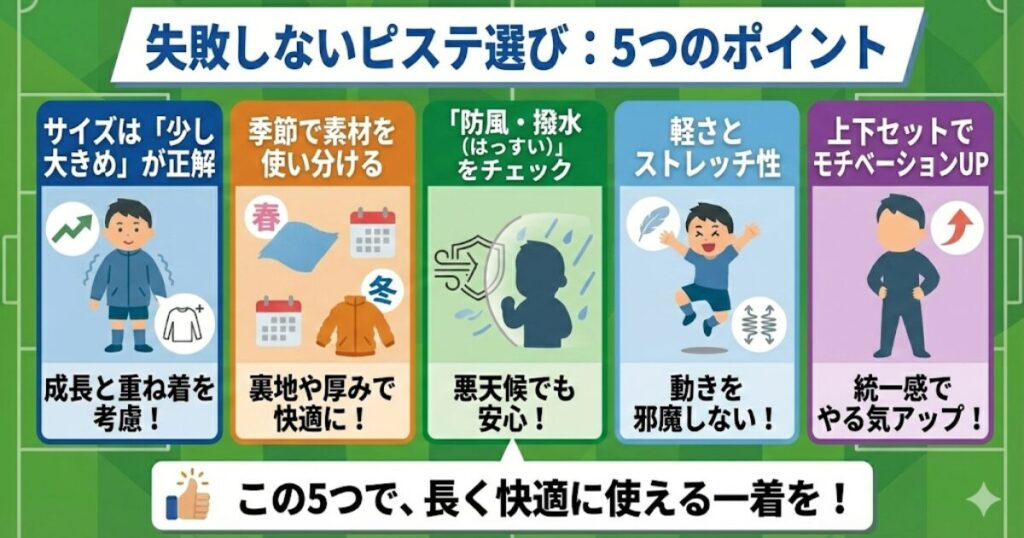 小学生サッカー用ピステの失敗しない選び方5つのポイントをまとめた図解。サイズ選び、季節ごとの素材、防風・撥水機能、ストレッチ性、上下セットのメリットを解説。