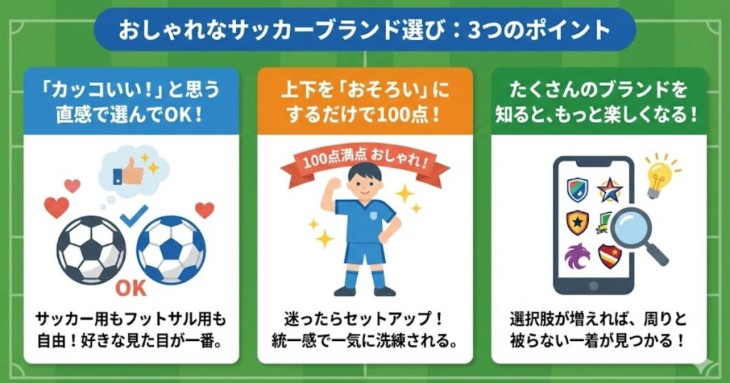 サッカーブランド選びの3つのポイント(直感、上下セットアップ、ブランド知識)の解説図解。