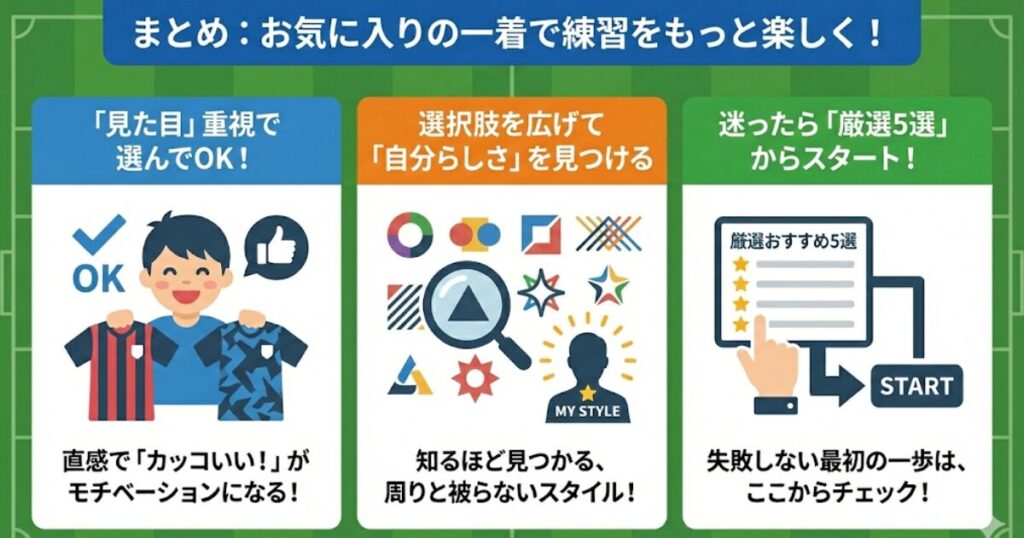 サッカーブランド選びのまとめ(見た目重視、自分らしさ、厳選5選の紹介)の解説図解。