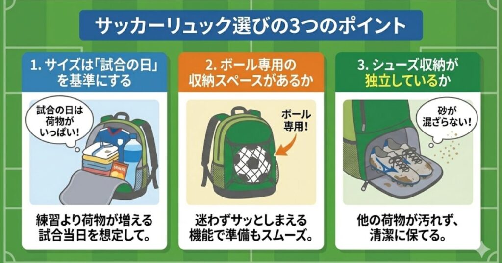 失敗しないサッカーリュック選びの3つのポイントを解説したインフォグラフィック。1.荷物が増える試合の日を基準にしたサイズ選び、2.準備がスムーズになるボール専用収納、3.他の荷物が汚れない独立したシューズ収納の3点を、分かりやすいイラストで紹介。