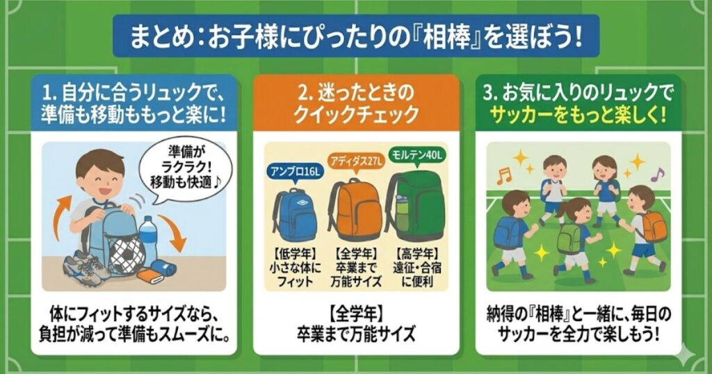 サッカーリュック選びのまとめインフォグラフィック。自分に合うリュックを選ぶことで準備や移動が楽になるメリットと、学年別クイックチェック（アンブロ16L、アディダス27L、モルテン40Lの特徴比較）を紹介。お気に入りの「相棒」とサッカーを楽しむ子供たちのイラスト。
