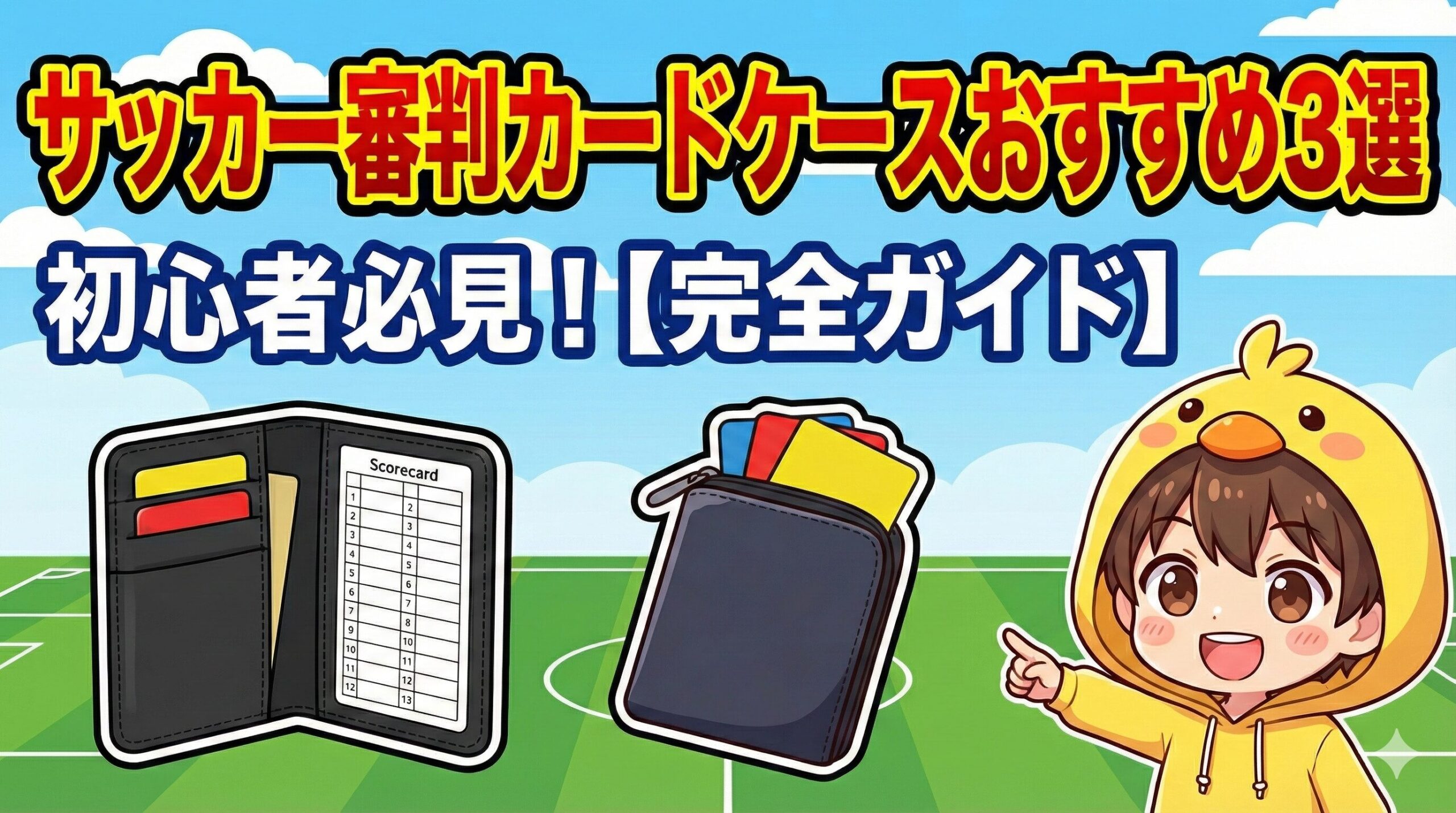 ブログ用のアイキャッチ画像。サッカー審判カードケースおすすめ3選。初心者必見の完全ガイド。手帳型とポーチ型の2種類のカードケースと、ヒヨコパーカーの男の子のイラスト。