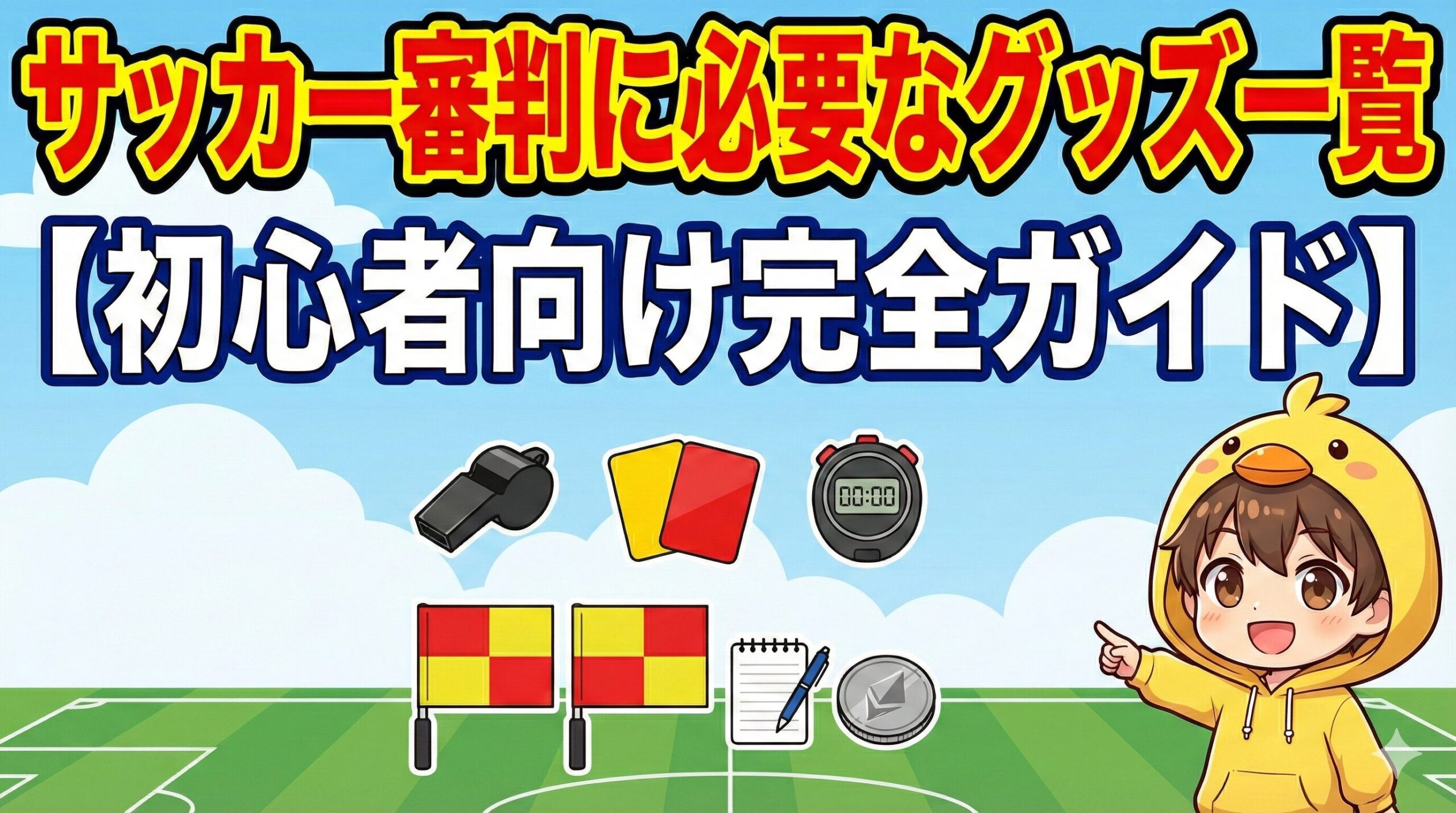 ブログ用のアイキャッチ画像。サッカー審判に必要なグッズ一覧（ホイッスル、カード、ストップウォッチ、副審旗、手帳、コイン）とヒヨコパーカーの男の子。