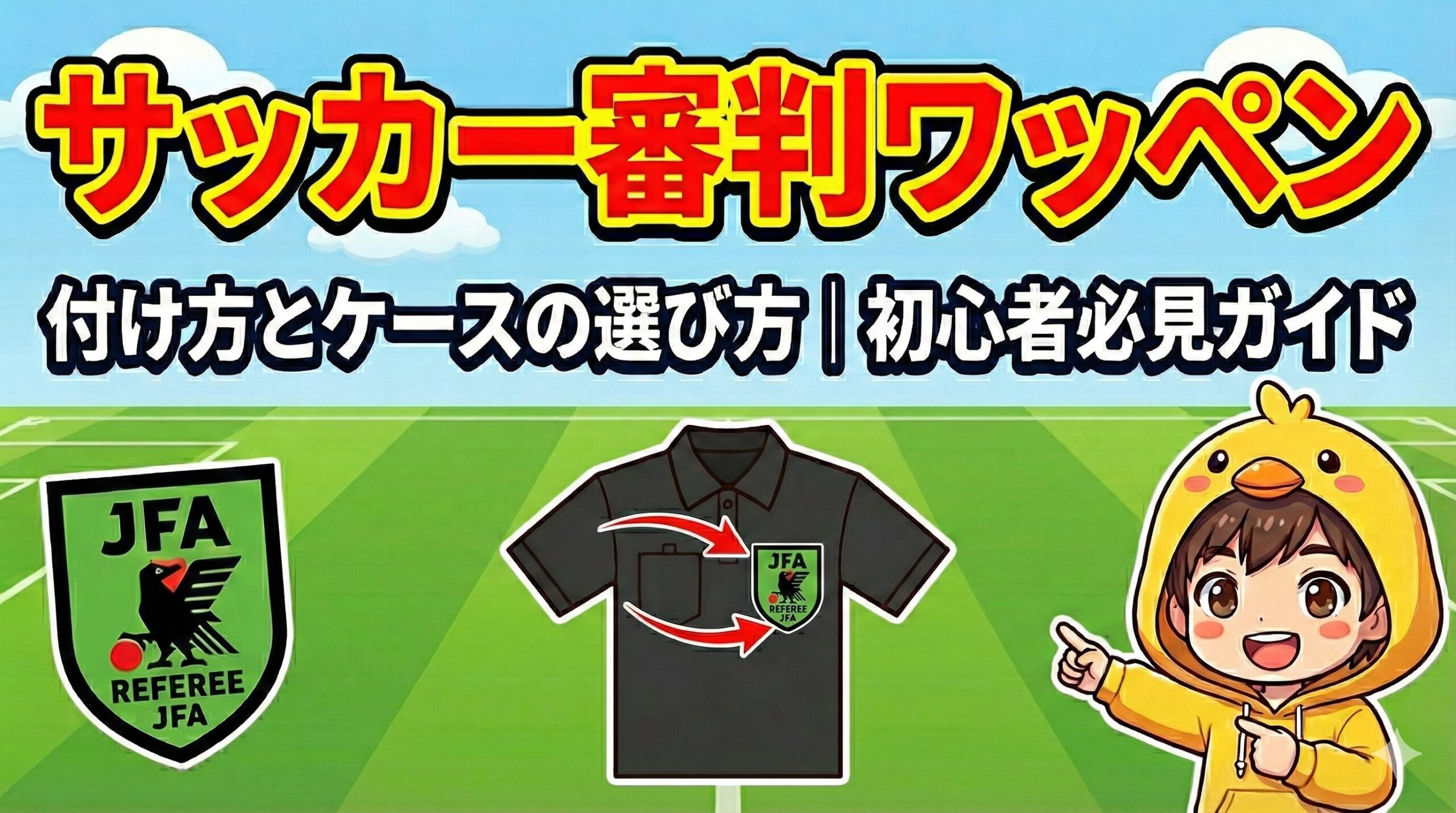 ブログアイキャッチ「サッカー審判ワッペンの付け方とケースの選び方」。ヒヨコパーカーの男の子がJFAワッペンの審判服への装着方法を指差し図解するイラスト。