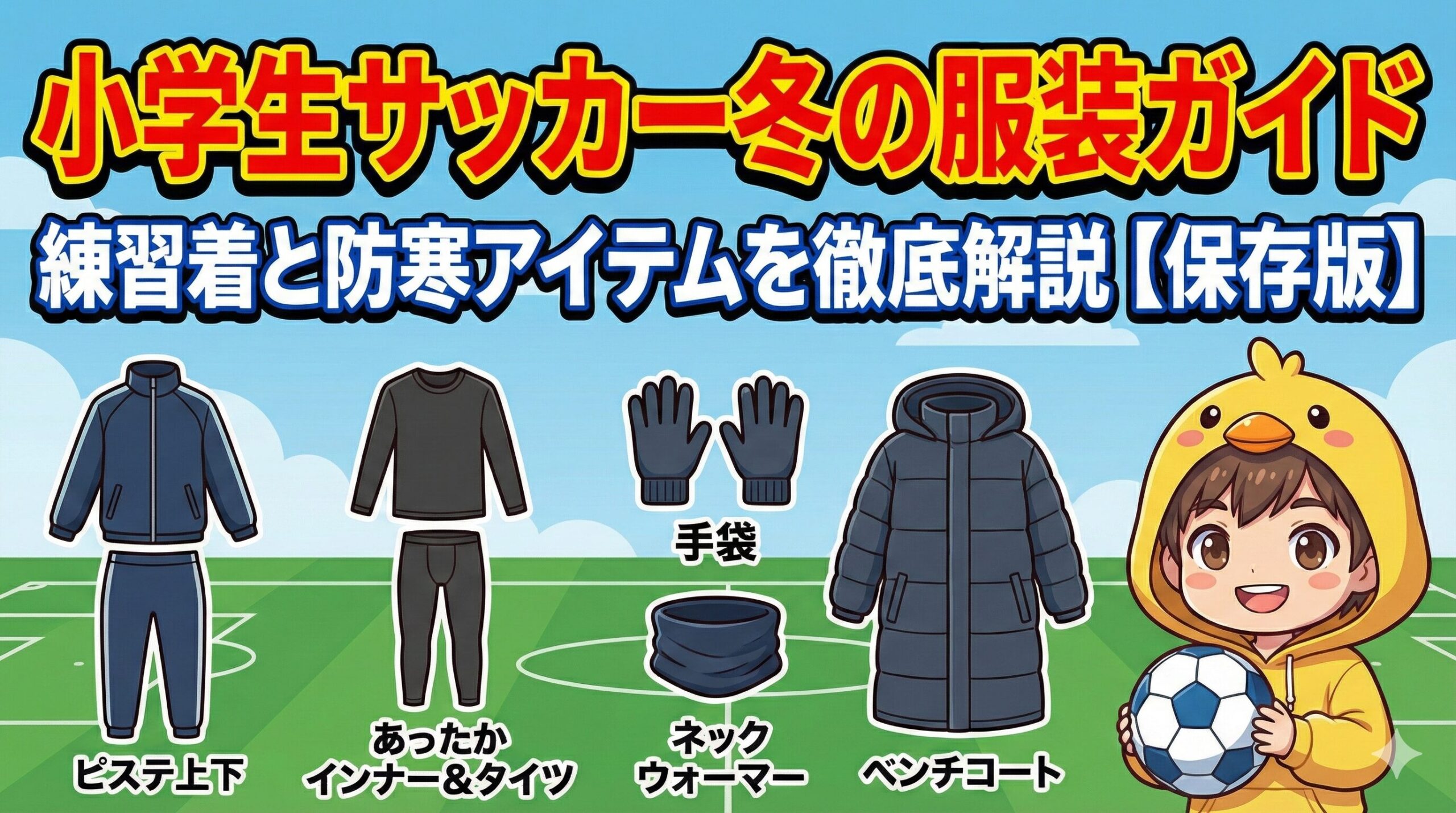 小学生サッカー冬の服装ガイド。練習着と防寒アイテムを徹底解説。ピステ、インナー、手袋、ベンチコート等を、ボールを持ったヒヨコパーカーの男の子が紹介。