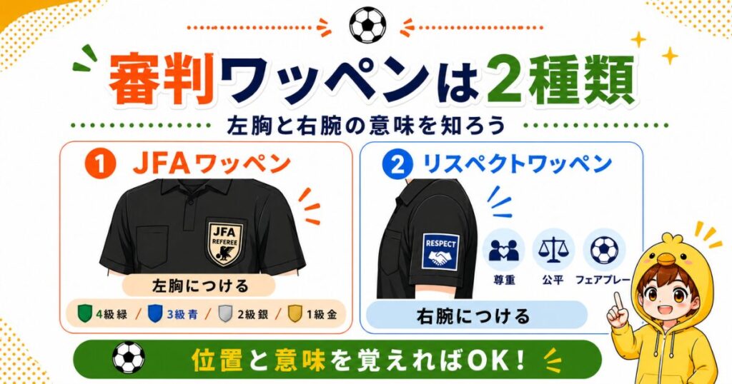 サッカー審判のワッペンの種類をまとめたアイキャッチ画像。左胸に付けるJFAワッペンと右腕に付けるリスペクトワッペンの意味と役割をわかりやすく紹介。