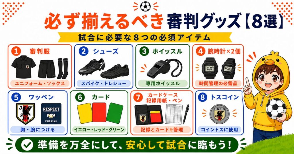 サッカー4級審判に必要な必須グッズ8選を一覧で紹介した図解。審判服、シューズ、ホイッスル、腕時計2個、ワッペン、カード、カードケース・記録用紙・ペン、トスコインをイラスト付きで分かりやすくまとめた画像。