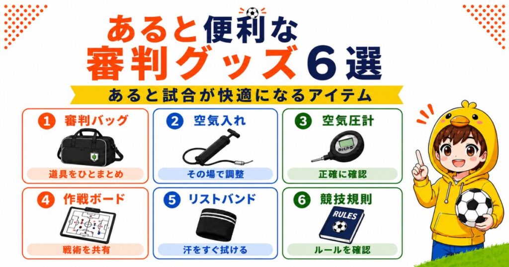 サッカー審判であると便利な6つのグッズ（審判バッグ・空気入れ・空気圧計・作戦ボード・リストバンド・競技規則）を一覧で紹介したH2見出し画像