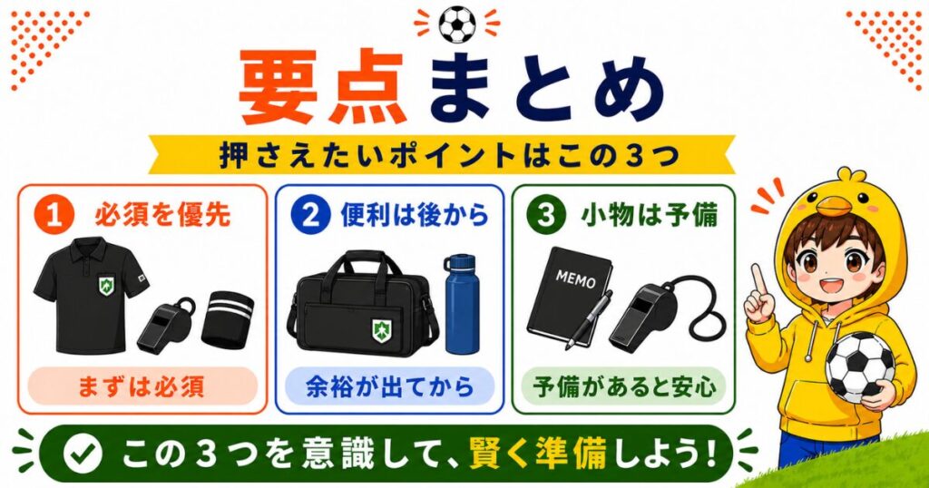 審判グッズ選びで失敗しない3つのポイントをまとめた図解。必須グッズを優先すること、便利グッズは余裕が出てから購入すること、小物は予備を用意すると安心であることを、イラスト付きで分かりやすく紹介している。
