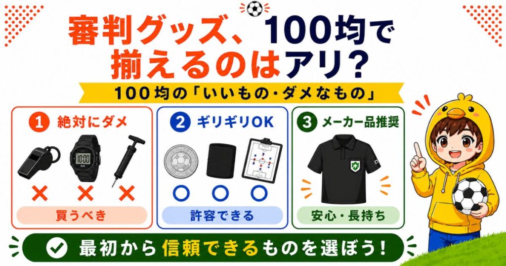 審判グッズを100均で揃えるべきかを解説した図解。100均ではおすすめできない道具と、ギリギリ使える小物を比較し、初心者は信頼できるメーカー品を選ぶのがおすすめであることを分かりやすくまとめている。