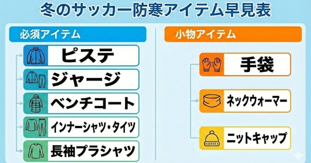 小学生サッカーの冬用防寒アイテム早見表。現役コーチが厳選した必須ウェア(ピステ、ベンチコート等)と小物のまとめ一覧図解。