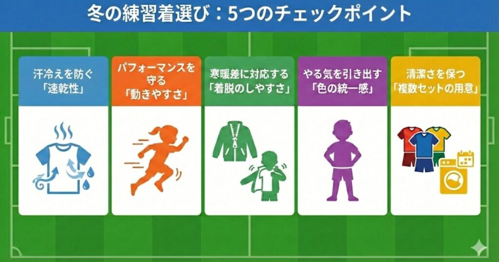 ジュニアサッカーの冬用練習着選びで失敗しないための5つのチェックリスト。汗冷えを防ぐ速乾性、動きやすさ、寒暖差に対応する着脱のしやすさ、やる気を出す色の統一感、清潔さを保つ複数セットの用意について、アイコン付きで解説した図解。