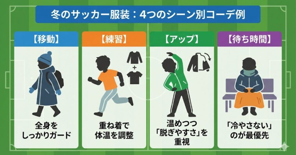 小学生サッカーの冬の服装を、移動・練習・アップ・待ち時間の4シーン別に解説したコーデ例の図解。移動はベンチコートで全身ガード、練習は重ね着で体温調整、アップは脱ぎ着しやすい服装、待ち時間は防寒対策を最優先といったポイントをイラストで紹介。