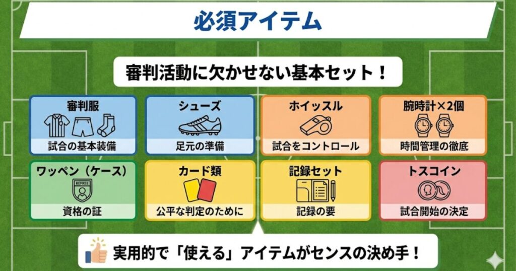 サッカー審判に必要なグッズ8選のまとめ。審判服、シューズ、ホイッスル、腕時計、ワッペンケース、カード類、記録セット、トスコインを網羅した初心者向けの必須アイテムリスト。