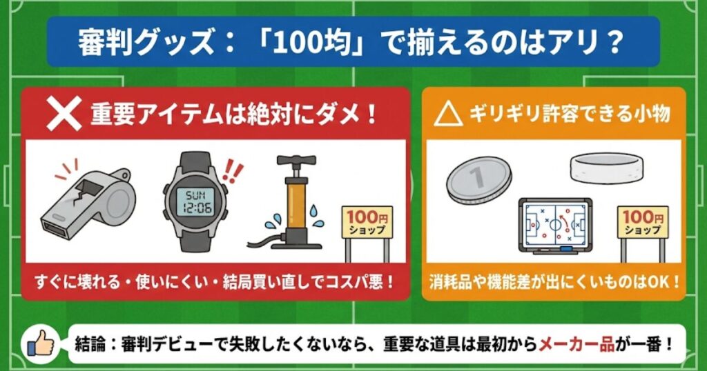 サッカー審判グッズを100均で揃える際の注意点をまとめた図解。ホイッスル、腕時計、空気入れなどの重要アイテムは、故障や使いにくさからメーカー品を強く推奨。トスコインやリストバンドなど、100円ショップでも代用可能な小物との使い分けを解説。
