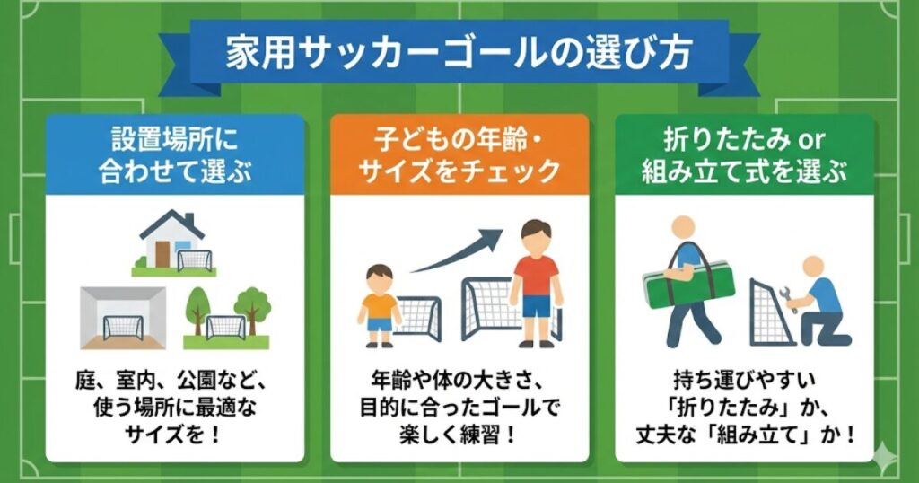 家用サッカーゴール選びの3つのチェックポイント（設置場所、子供のサイズ、折りたたみ/組み立て式）の解説イラスト。